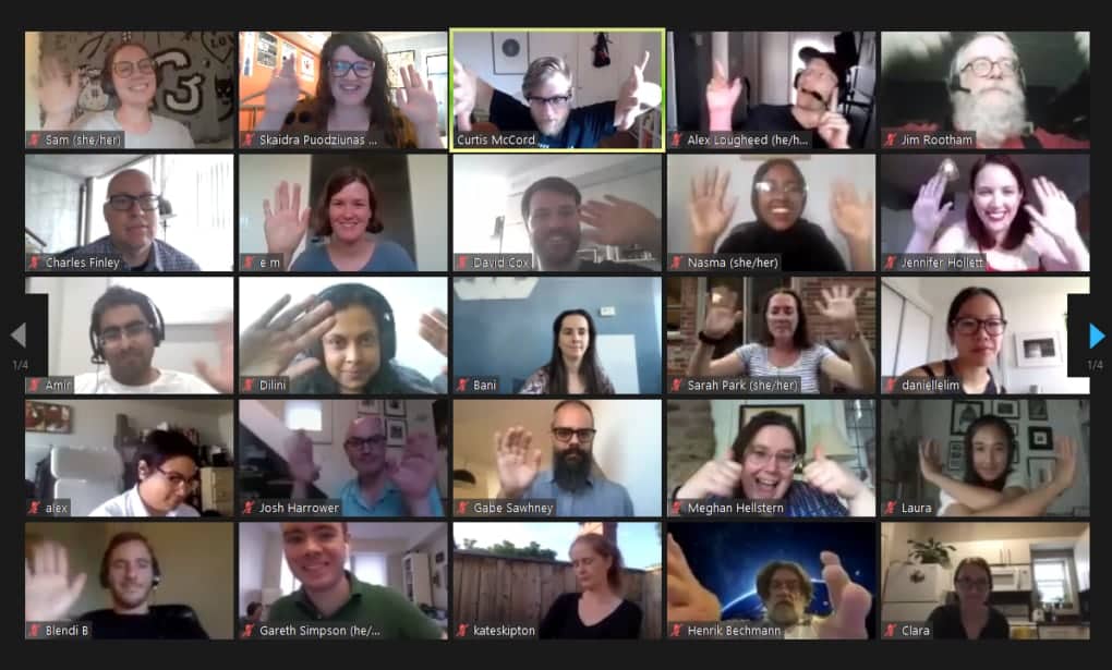 screenshot of a Zoom call with participants waving at the fifth anniversary of Civic Tech