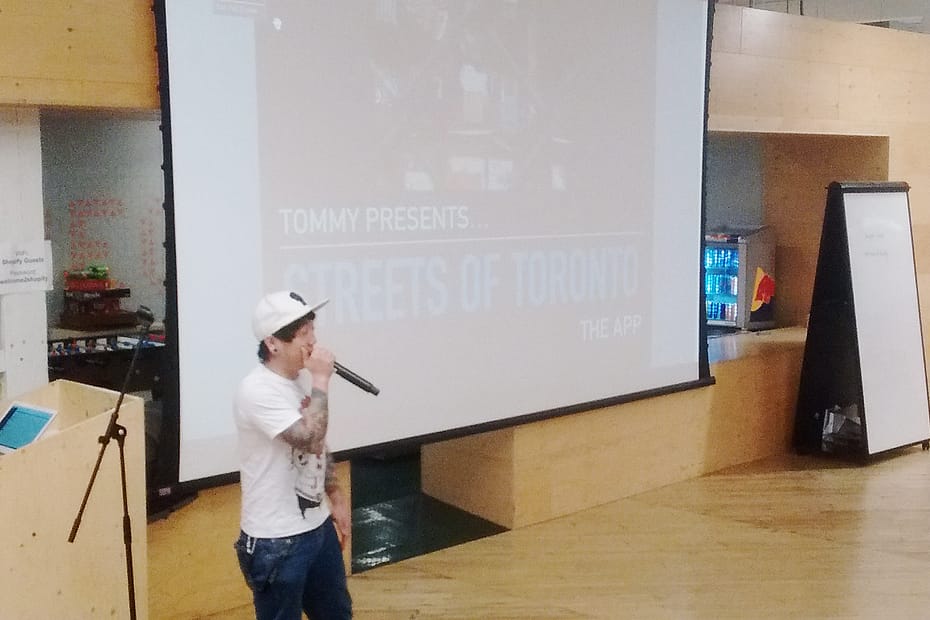 Tommy presenting his HackBridge app