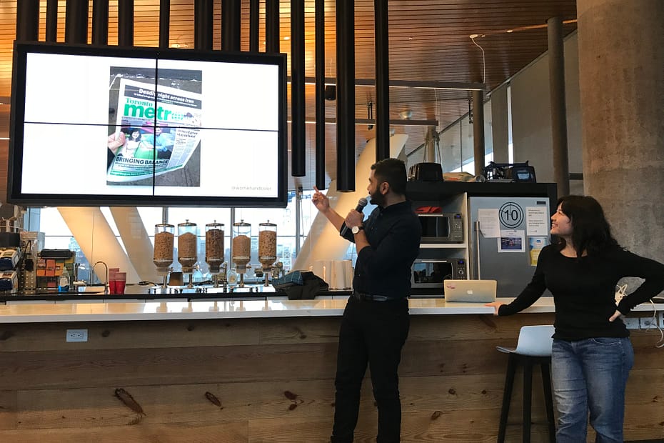 Two members of Women and Color present during a Civic Tech Toronto hacknight